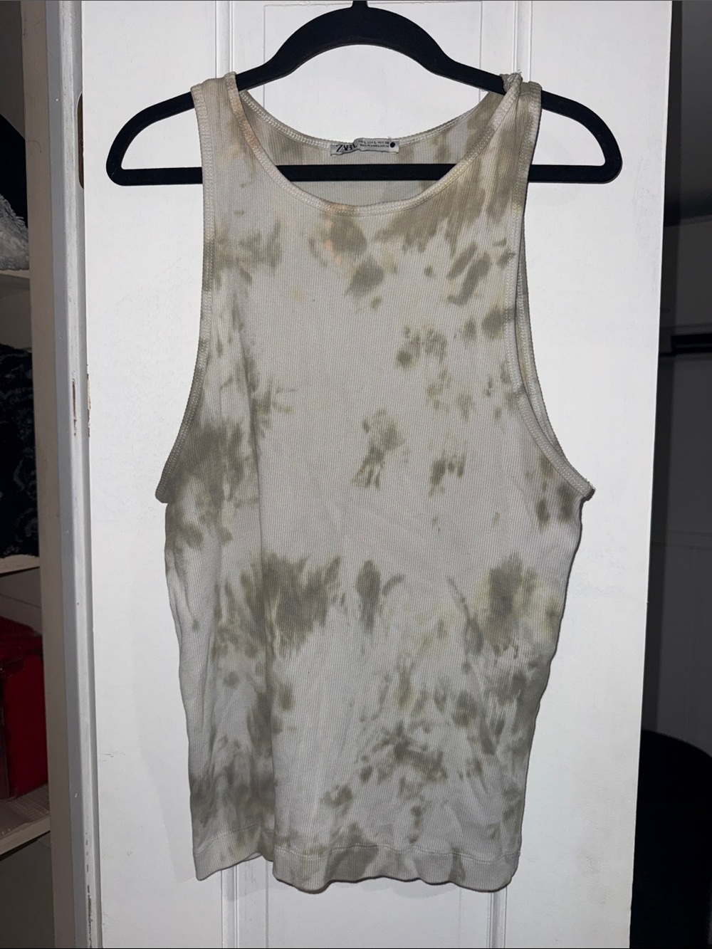 Zara Cream and Olive Tie-Dye Ribbed Tank Top